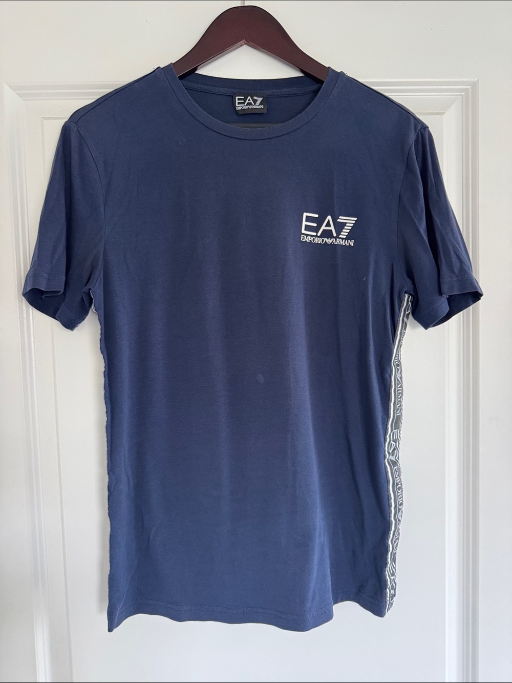 NWOT EA7 Emporio Armani Men’s Black & White Strip Logo Blue Short Sleeve Shirt S